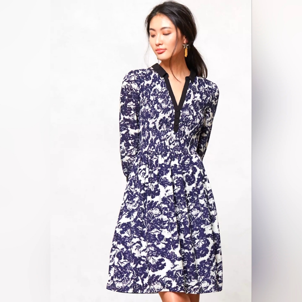 Anthro | Edme & Esyllte Shirt Dress Sketchbook Blue Cream Smocked V Neck …